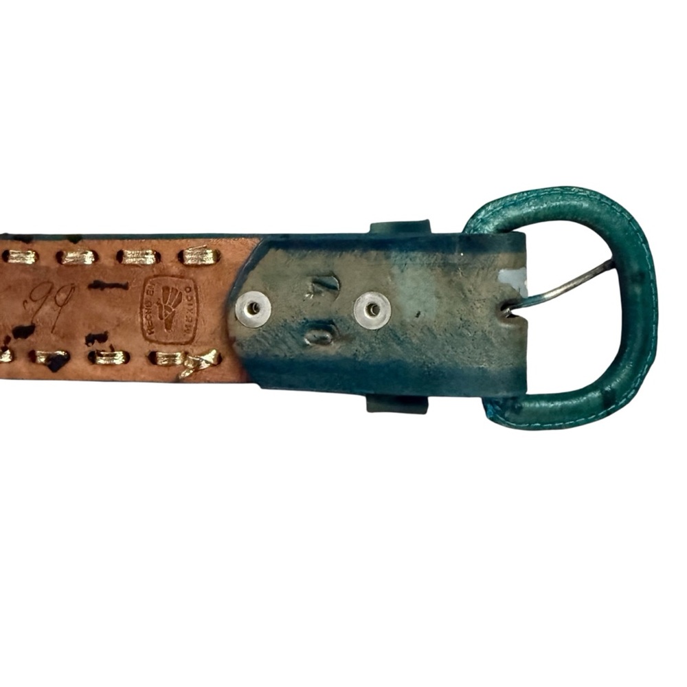 VTG Western Mallory Tooled Whip Stitched Belt Turquoise Green Brown 32, 38, 40 - Picture 10 of 15